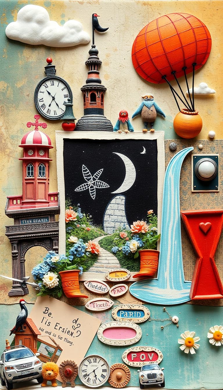 cinematic style
pixar style
a whimsical scrapbook collage
