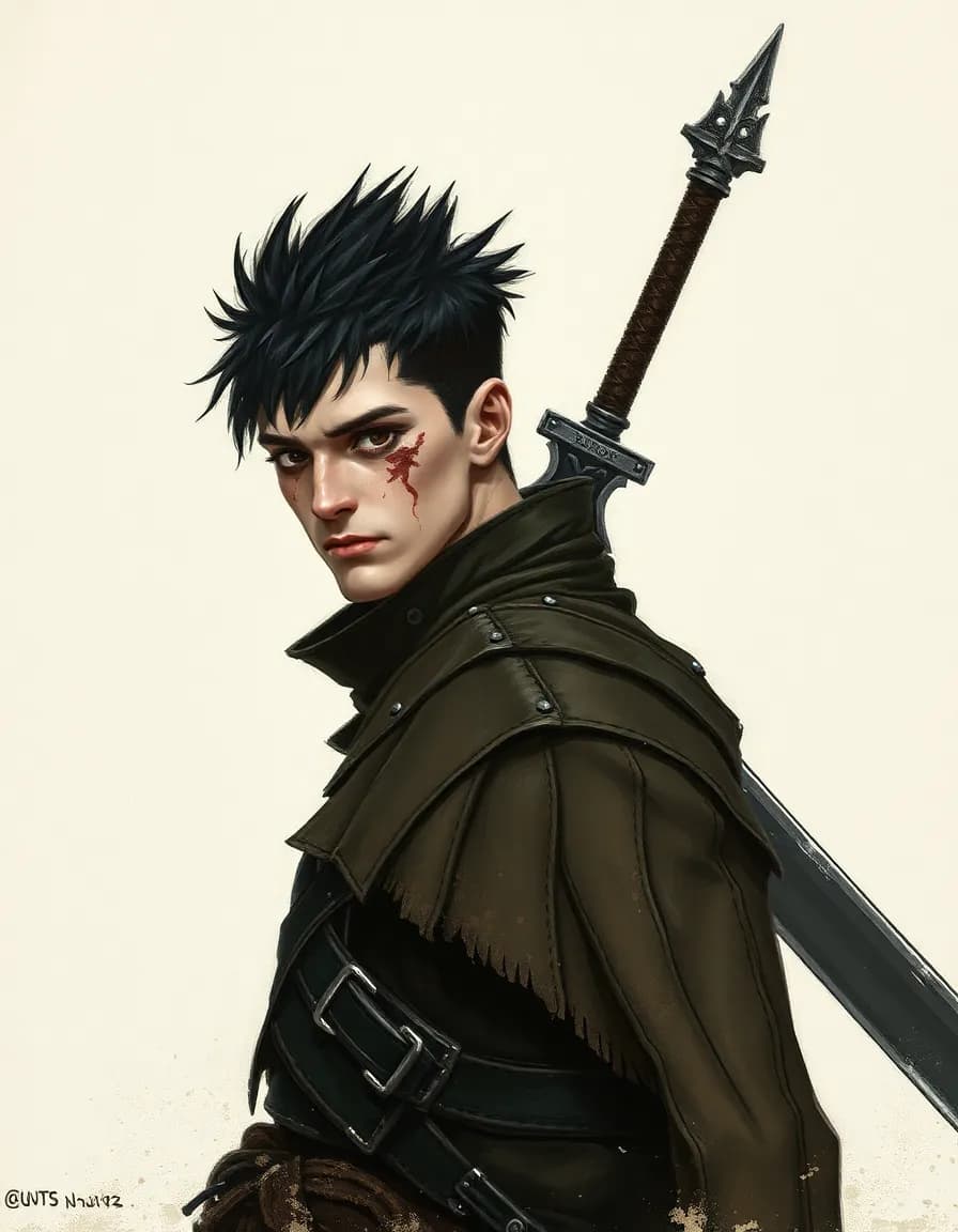 A character portrait in gouache painting style, textured paper, rough brushstrokes, desaturated palette. Male warrior in dark fantasy setting. Gigantic iron sword on his back. Short black spiky hair, handsome but scarred face with a weary gaze, missing one eye. Worn dark leather and metal armor, heavy cloak. Post-apocalyptic mood, standing alone. Inspired by Guts from Berserk. Art by Kentaro Miura.