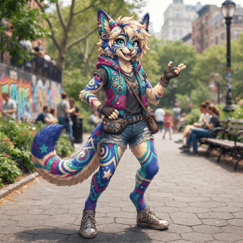 an expressive anthro fursona character with distinctive fur markings, full body, different color scheme
