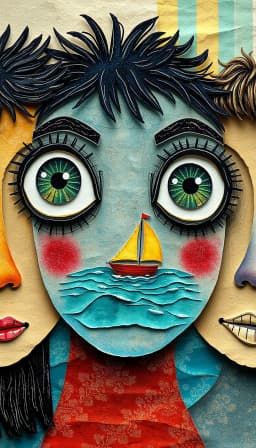 whimsical folk‑art characters with dramatic eyes, each gaze containing a tiny sailboat on a turquoise tropical sea, rendered in an impressionistic collage of torn colored paper fragments that mimic brushstrokes, creating tactile, luminous layers that capture fleeting light and movement, with subtle golden shimmer and soft watercolor tones, intricate pointillist texture preserved.