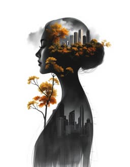 two complementary images rendered in a harmonious blend of styles. in the first image, a woman's silhouette gracefully dissolves into an urban skyline, the form merging with verdant trees and sharp fragments of steel that pierce the canopy. expressive sketch lines capture the immediacy of the transformation, soft graphite strokes emphasize the rough texture of paper, and visible pencil marks add tactile depth. the muted palette is confined to graphite washes, with a deep, rich dark background that slowly fades into shadows, softly blended with warm burnt orange, burgundy, and golden yellow, creating a double‑exposure effect that blurs the boundary between reality and fantasy. the composition is infused with the elongating elegance of an amedeo modigliani portrait, featuring elongated facial features and stylized curves, while the overall atmosphere recalls traditional japanese sumi‑e ink wash painting with subtle watercolor accents, negative space, and minimalist composition that evoke harmony and introspection. the scene is stripped to radical simplicity: flat, pristine surfaces, smooth unbroken planes, neutral even lighting, and monochrome fields punctuated only by the warm accent colors, achieving a minimalist, almost machine‑like polish. the image is hyper‑realistically beauticized, enhancing every element to appear breathtakingly beautiful, yet retains a calm, peaceful mood. in the second image, the same blended woman‑cityscape concept appears as a cartoon‑style thought cloud hovering above the figure, empty inside except for the viewer’s imagined words. the cloud is rendered with the same expressive graphite lines and minimalist flatness, maintaining the serene, peaceful atmosphere. both images together convey a tranquil, artistic fusion of sketch art, modigliani portraiture, japanese sumi‑e aesthetics, minimalist purity, and hyper‑realistic beauty.