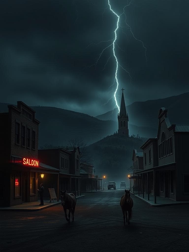 A deserted 1880s mining town is bathed in an eerie gloom. Flickering neon signs and faint headlights cast an uneasy glow on the old buildings. The saloon and store stand like haunted sentinels, their windows dark and empty. A church steeple reaches towards the gray sky, its peak shrouded in mist. Horses snort nervously, their eyes watchful with fear. Unseen figures lurk in the shadows, making the air feel thick with tension. The hills loom in the background, their shapes hidden in darkness. Lightning flashes, illuminating the deserted streets for a split second, before plunging them back into an unsettling darkness. The only sounds are creaks, distant thunder, and the faint rustling of unknown things.