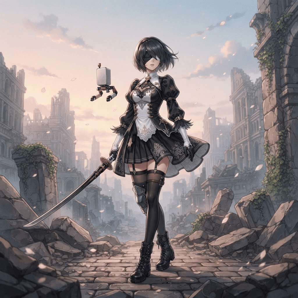 Original NieR Automata style android OC girl, black and white dress, blindfold, flower petals, ruins