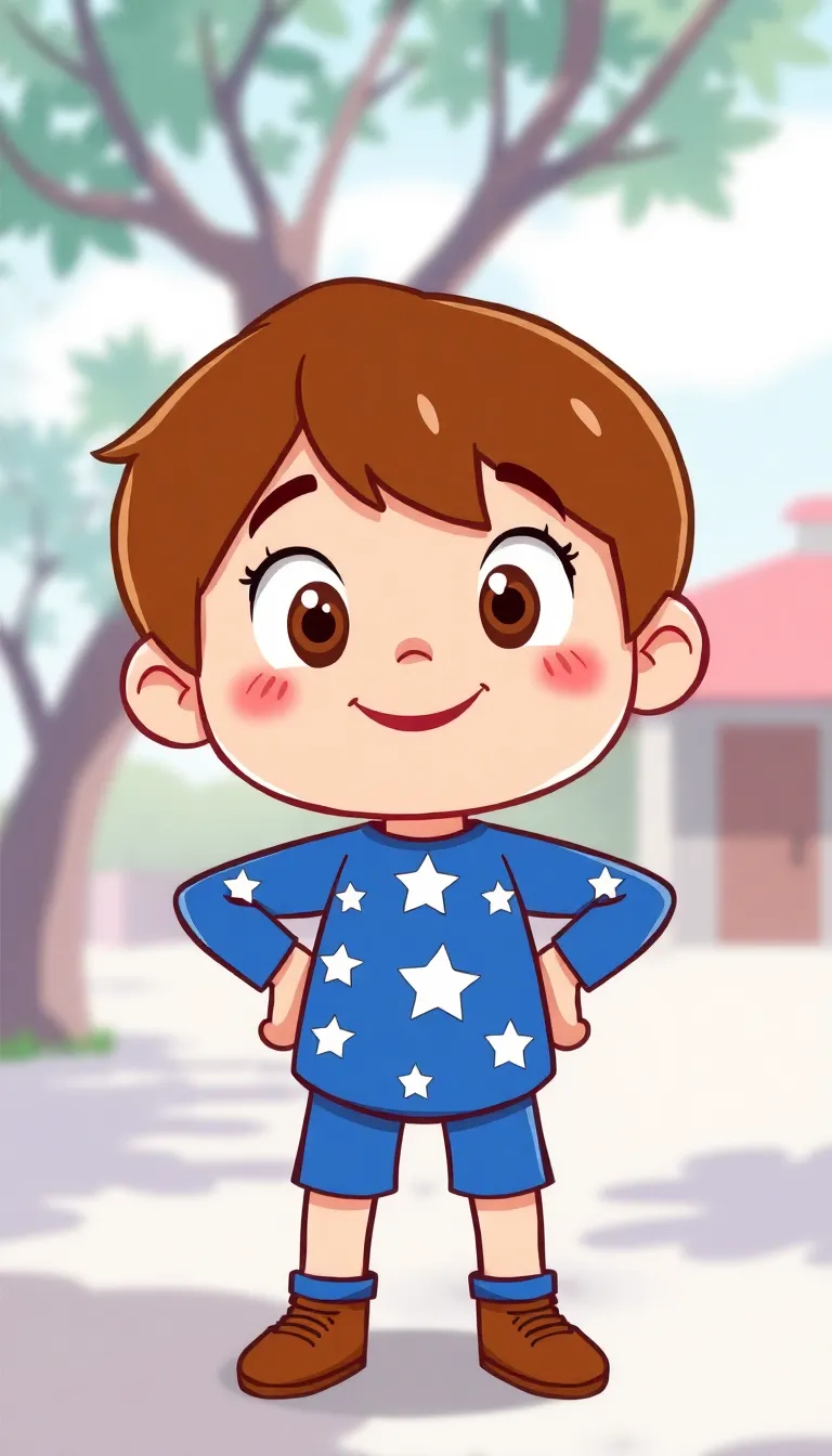 A cartoon character with short brown hair and large expressive eyes is smiling.

The character has their hands on their hips, suggesting a confident or playful pose.

The character is wearing a blue outfit adorned with white stars.

The background features a simple outdoor setting with a blurred impression of trees and a building.

The composition is centered on the character, capturing them from the waist up.

Lighting is bright and evenly distributed, creating a cheerful atmosphere.

The colors are vibrant, with blue and brown being prominent.

The style is animated, with bold outlines and flat colors typical of children's cartoons.

The mood is lighthearted and joyful, suitable for a children's story or nursery rhyme.