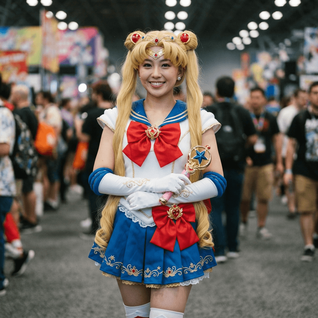 a magical girl in a white and blue sailor uniform with a red bow, long blonde pigtails and a gold tiara, cosplay portrait, waist up, detailed costume