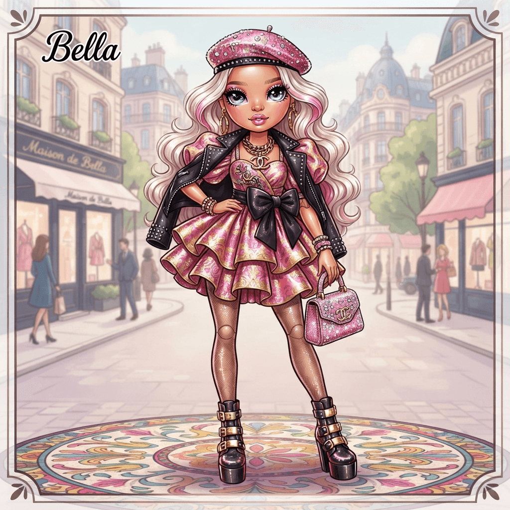 a stylized fashion doll character with a full styled outfit, glossy doll styling, styled with statement accessories, fashion illustration, full body