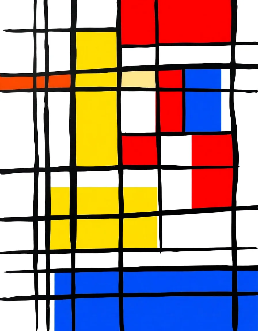 a vibrant and dynamic abstract composition in the style of piet mondrian, characterized by a grid-based structure, bold black lines, and a palette of primary colors, including bright red, yellow, and blue, set against a white background, with each color-filled rectangle and square carefully balanced and proportioned to create a sense of harmony and visual tension, as the lines and shapes intersect and overlap in a complex dance of geometric forms, with the overall effect evoking a sense of modernity, simplicity, and elegance, reminiscent of mondrian's iconic works, such as composition with red, yellow, and blue.