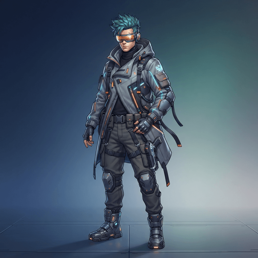 an original cyberpunk character, a young man with teal hair, mirrored visor goggles and a layered grey techwear coat, full body original character design, clean soft gradient studio background, vibrant, crisp high detail, digital illustration, no text, no words, no watermark