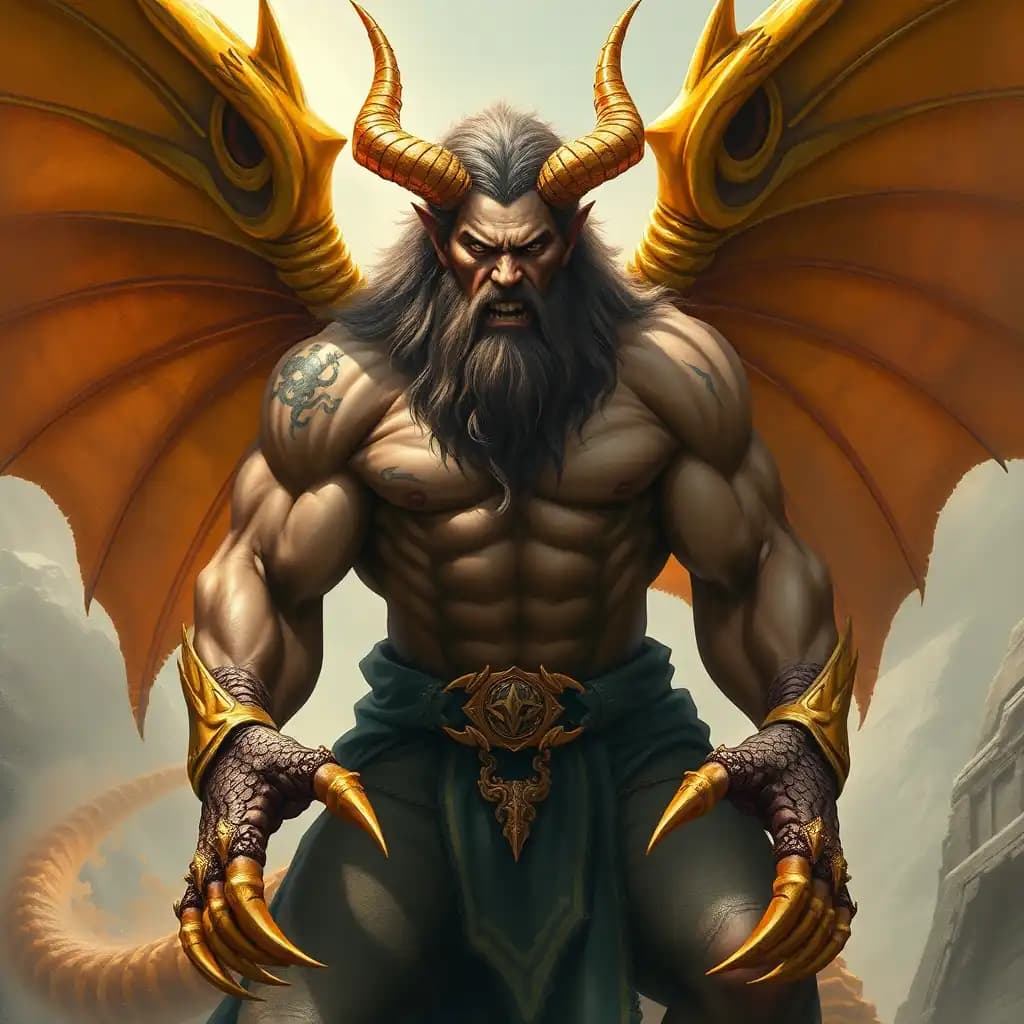 A fierce huge man with golden dragon wings, shining horns and dragon claws.
