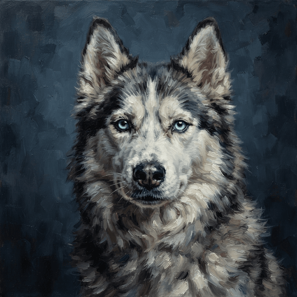 painterly oil portrait of a siberian husky with bright blue eyes, rich brushstrokes, deep slate blue background, dramatic soft light
