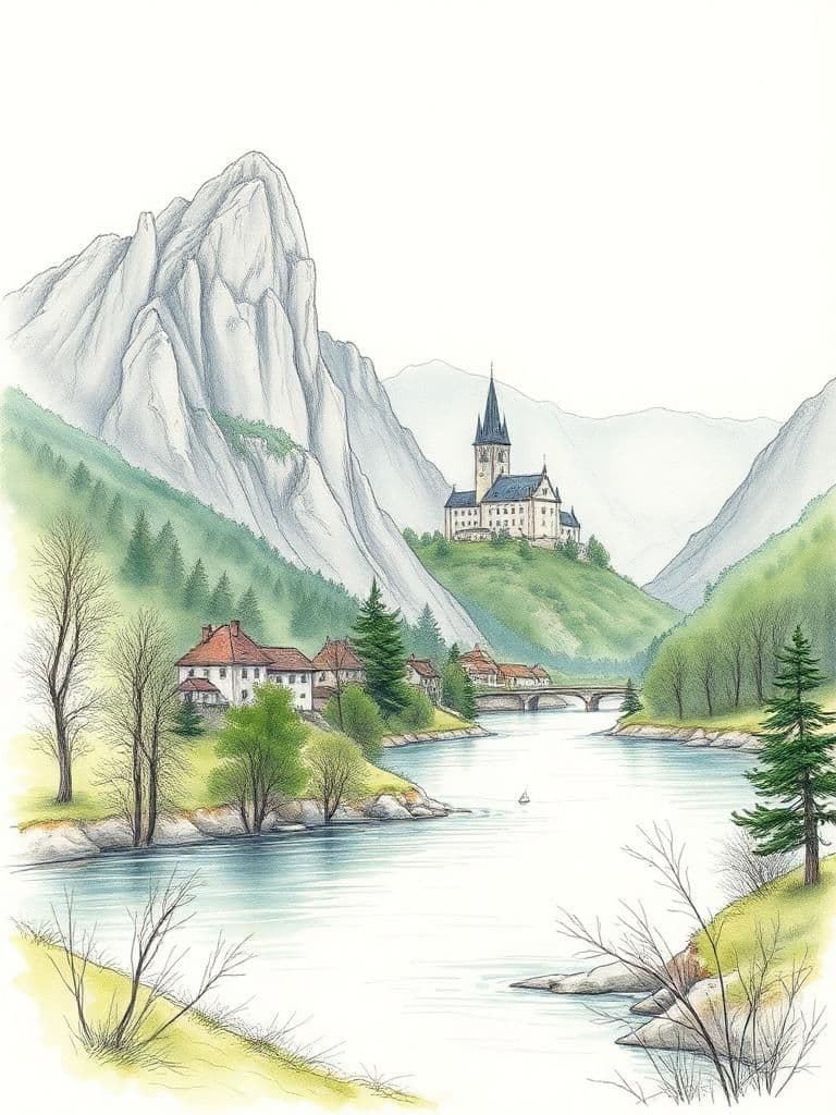 a simple village in czech style, far away, behind a river, with a colossal castle dramatically perched between two towering mountains on the right side, a distant village is nestled on the lush left bank, drawn with quick pencil lines and gentle watercolor touches, on rough paper.