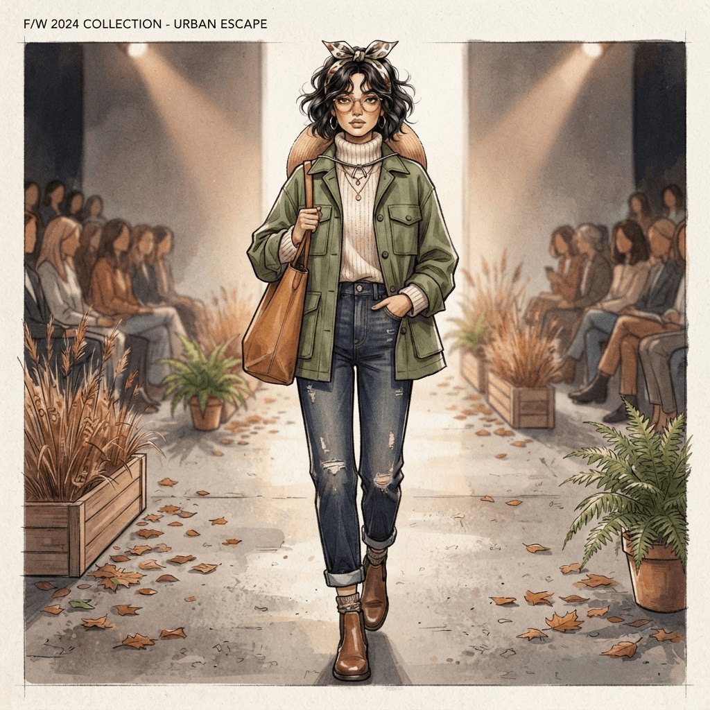 a themed fashion runway look, full outfit with hair and accessories, everyday outfit, fashion illustration, full body