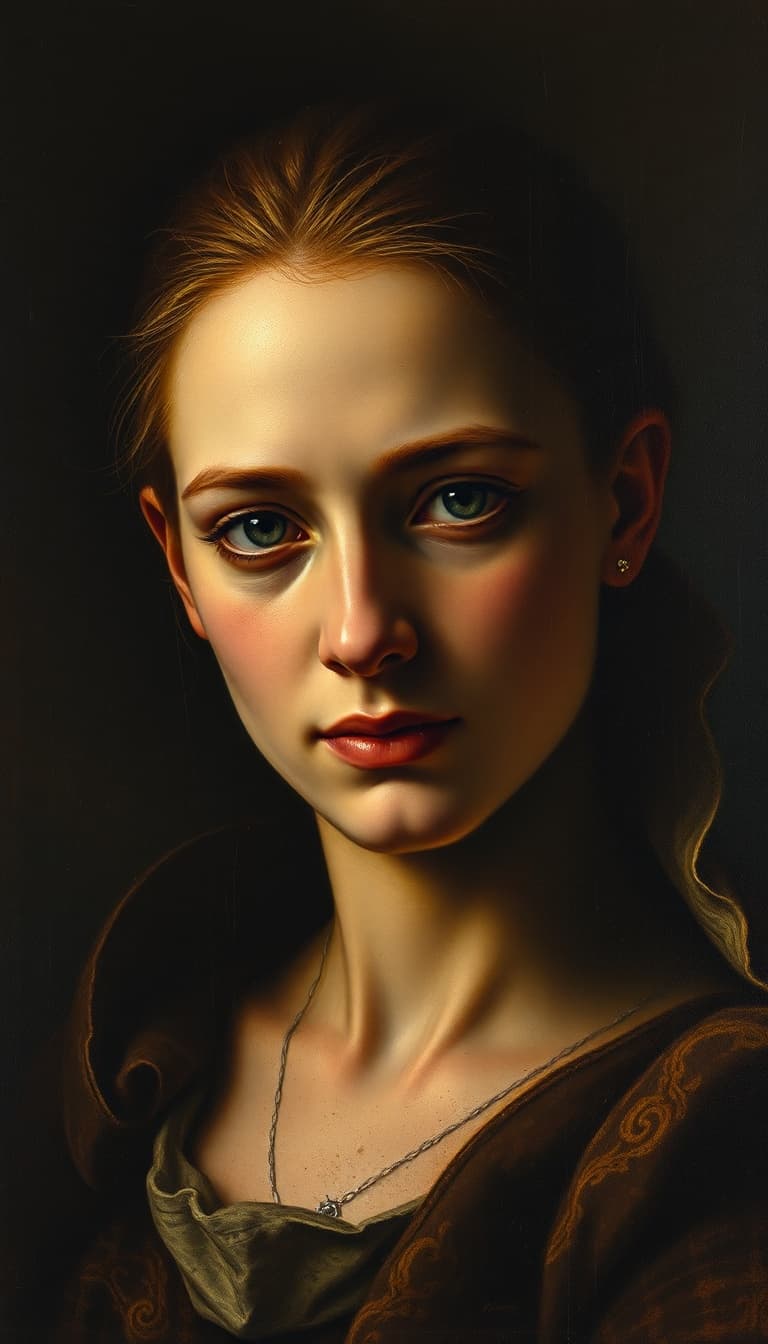 A classical renaissance style portrait painting, dramatic chiaroscuro lighting, rich textures, oil painting brush strokes visible, museum quality artwork, highly detailed canvas texture