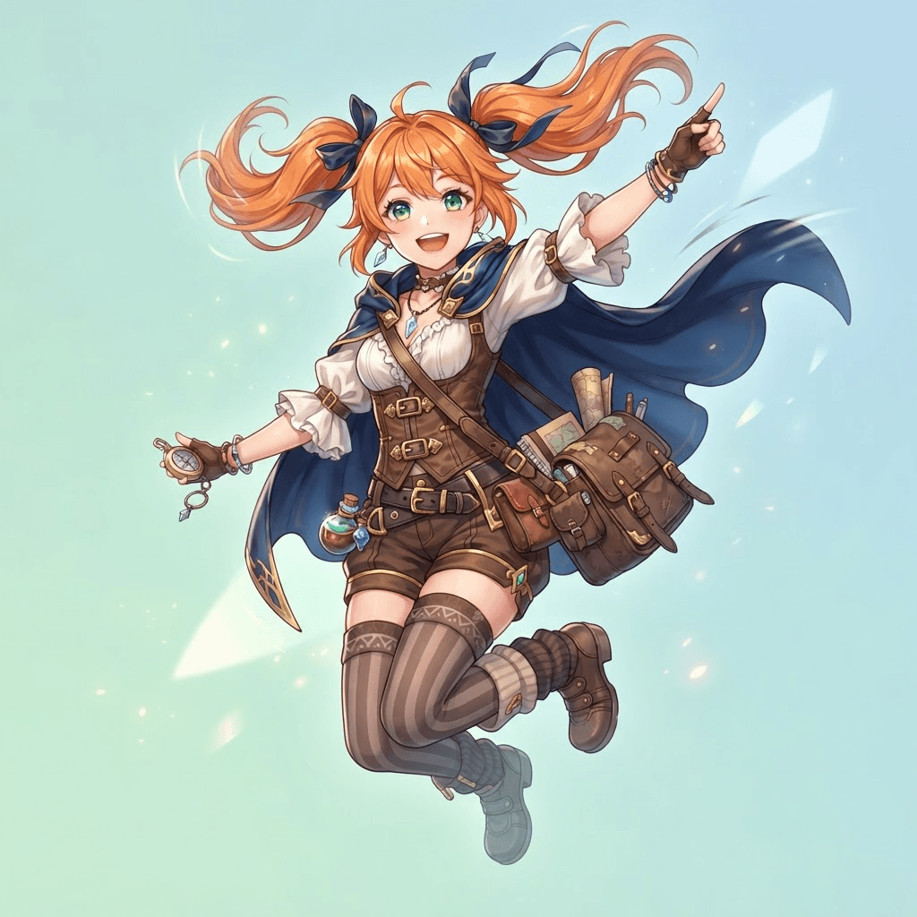 original anime character, cheerful adventurer girl with orange twin-tails and green eyes, fantasy explorer outfit, digital illustration