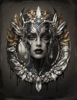 a hyper‑realistic ultra‑detailed 3d human portrait with a futuristic chrome‑etched face on a mirror‑polished plate, rendered in extreme‑pixel clarity and 16k resolution. the scene features razor‑sharp wet‑plate collodion texture, velvety blacks and luminous sepia‑gray highlights, with cinematic volumetric lighting and precise shadows that reveal micro‑surfaces, polished metal reflections, and subtle imperfections. gold‑leaf accents, jewel‑tone mosaics, silver river‑gray pearls, and elongated princess‑cut crystals glint with immaculate metallic sheen, each rendered with crystal‑clear detail and nuanced color transitions. the composition retains a gothic mermaid‑goddess aura, gradient pale skin from white to lacquered black, and organic edge drips framed by atmospheric depth, all expressed through an awe‑inspiring, lifelike digital‑painting aesthetic.