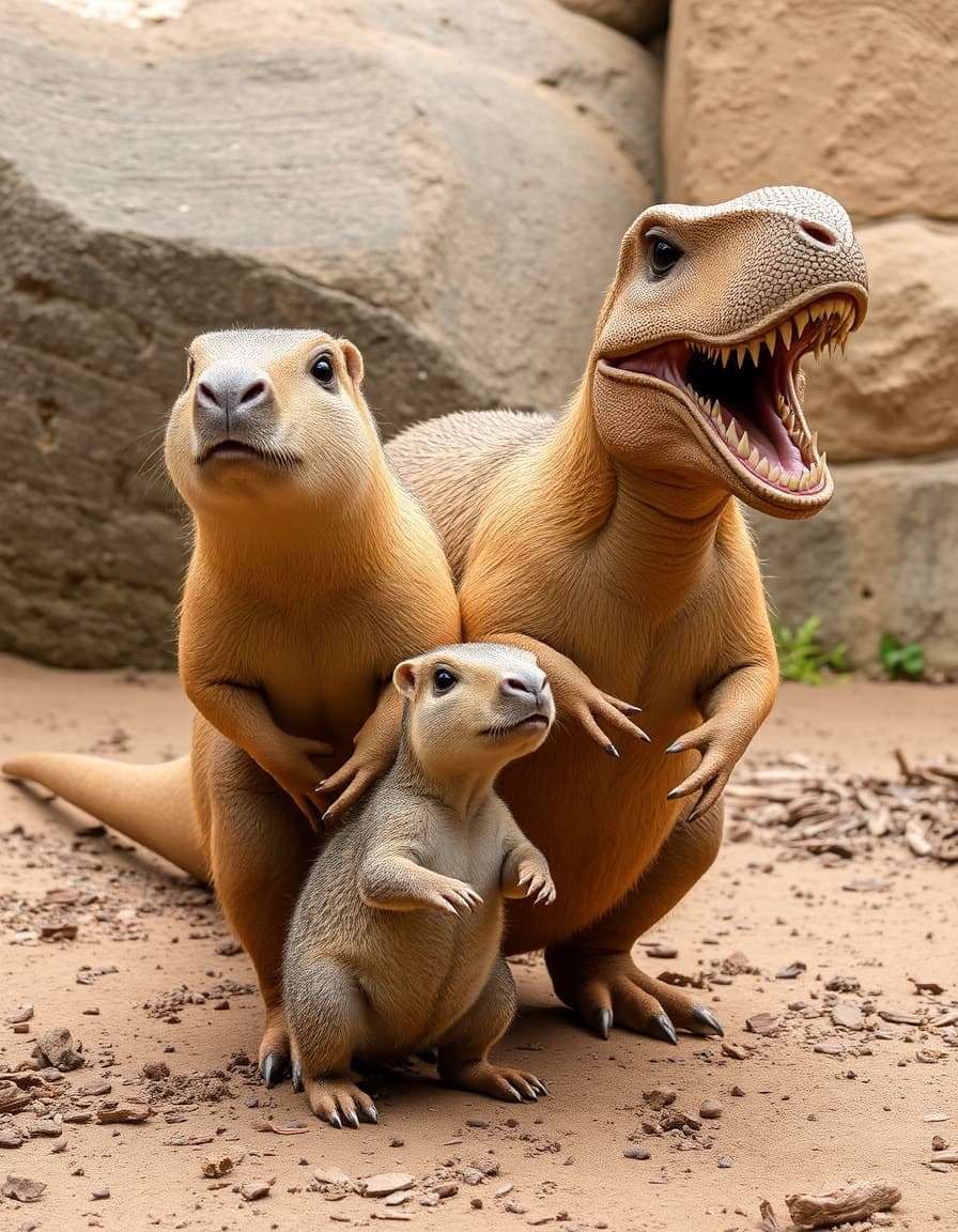 Animal family – mother capybara, father dinosaur, cute baby half capybara