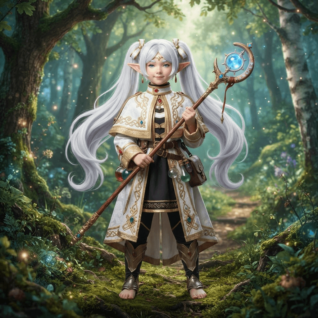 a small white haired elf mage with long twin tails in a white and gold robe holding a staff, cosplay reference, full body, standing portrait