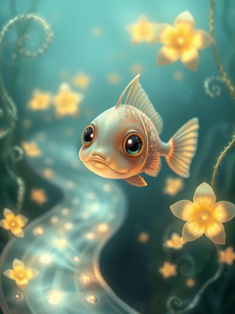 A delicate blurb fish from another world, floating on a winding, glowing seaweed path, with big, shining eyes, surrounded by soft, swirly patterns and gentle, glowing flowers, in shades of pale blue, green, and gold, leading the viewer's eye to the fish through the shimmering, oceanic landscape.