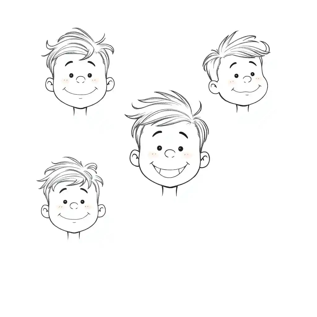 A character sheet of different facial expressions for a happy 5-year-old boy with messy hair, vintage Peanuts animation, white background, cartoon, pencil sketch, concept art, monochrome, character design sheet, character illustration sheet, concept drawing
