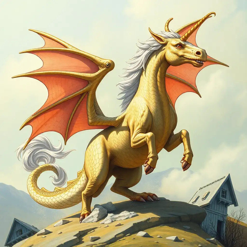 A unicorn riding a dragon