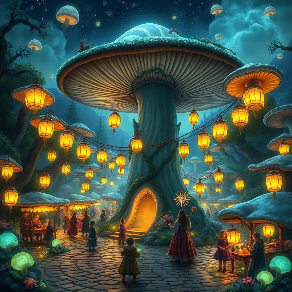 A grand festival takes place in the heart of the Enchanted Mushroom Village, where the entire landscape is bathed in the soft glow of bioluminescent fungi. Lanterns made from hollowed-out mushroom caps float in the air, illuminating the cobblestone pathways lined with vendor stalls selling glowing nectar, potion-infused mushrooms, and enchanted trinkets. A towering, ancient toadstool serves as the village’s central meeting place, its cap draped in vines that glimmer like silver under the starlit sky. The villagers, dressed in robes woven from spider silk and flower petals, gather around an elder shaman who raises a staff adorned with glowing spores, signaling the beginning of an age-old ritual that connects them to the spirit of the forest.