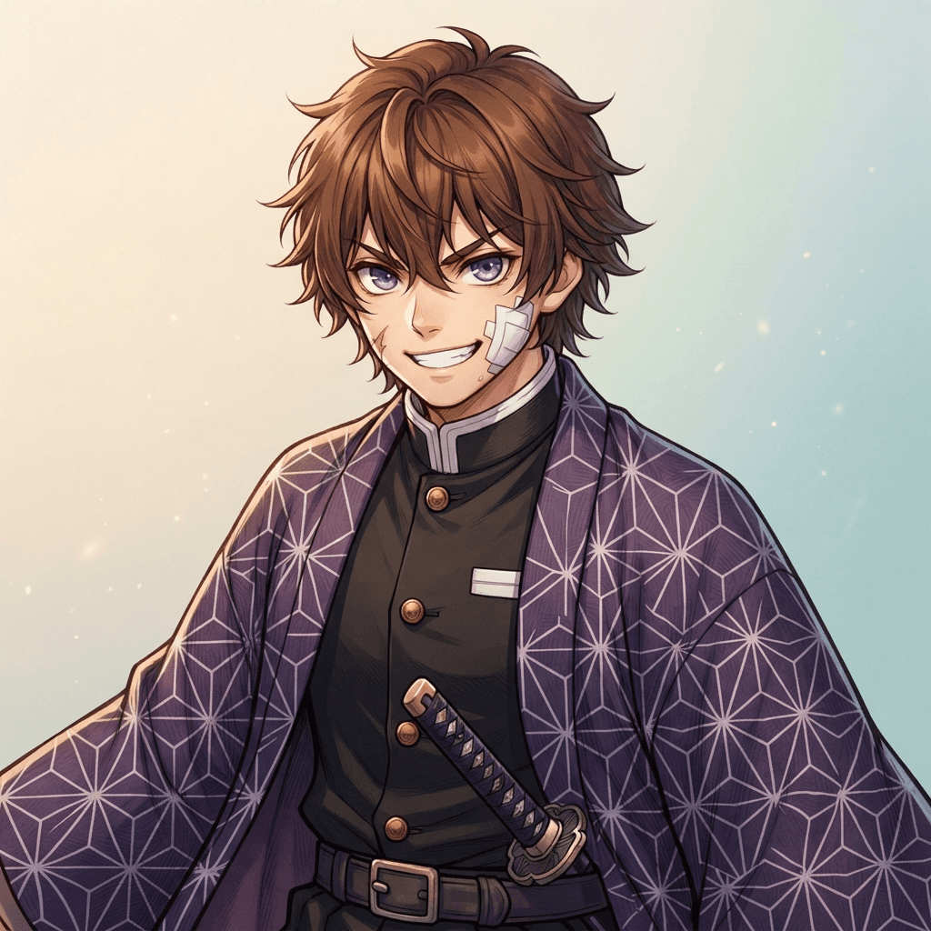 Close-up head and shoulders portrait avatar of an original male taisho-era anime swordfighter with shaggy chestnut hair and violet eyes, purple hexagon patterned haori over dark uniform, spirited grin, bandaged cheek, vintage japan anime style