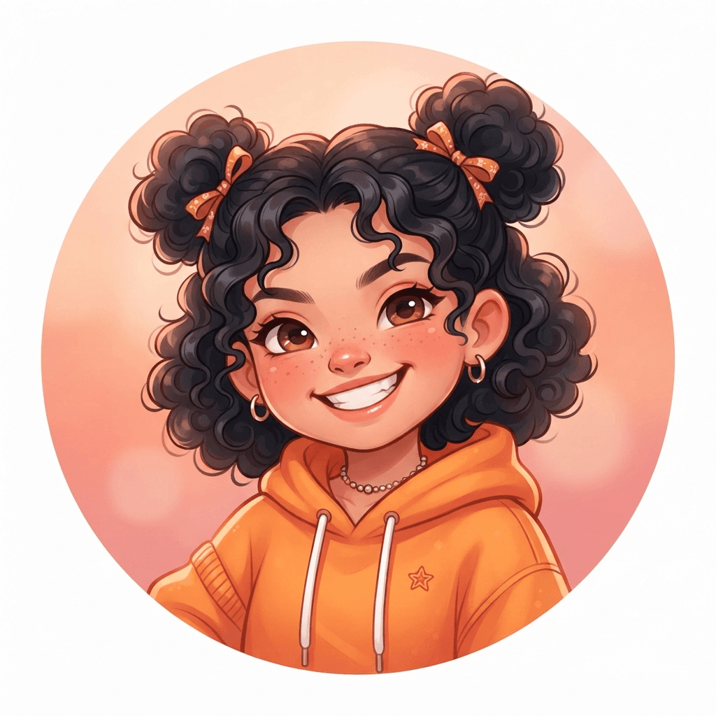 Close-up head and shoulders portrait avatar of a playful original cartoon girl with curly dark hair in two space buns, warm brown eyes, orange hoodie, cheeky grin, rounded chibi-influenced cartoon style