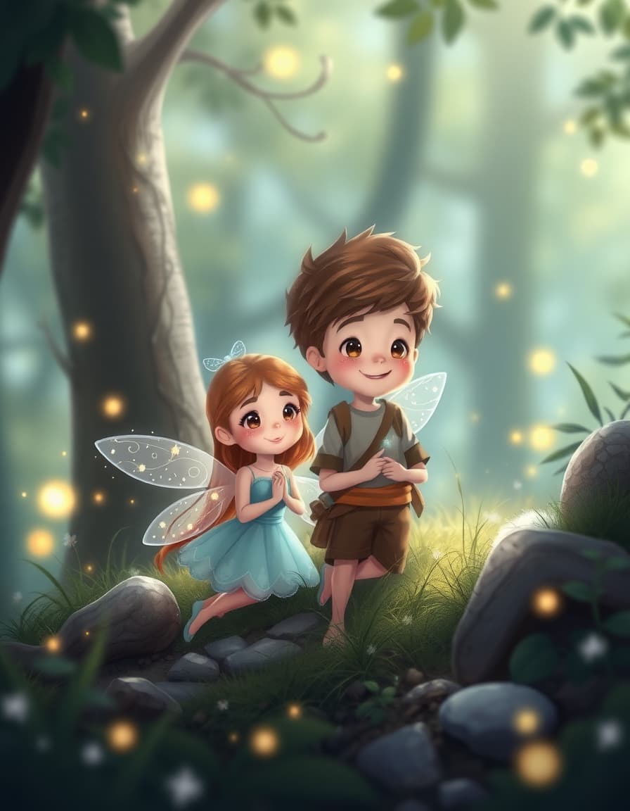 create same character cartoon image of mia and ben - Soft magical sparkles floating through the air like tiny glowing lights, hinting at something magicalA tiny fairy with sparkling wings appearing from behind a mushroom, glowing softly, friendly smile, gentle fantasy style.- nearby forest mia girl an ben boy ne