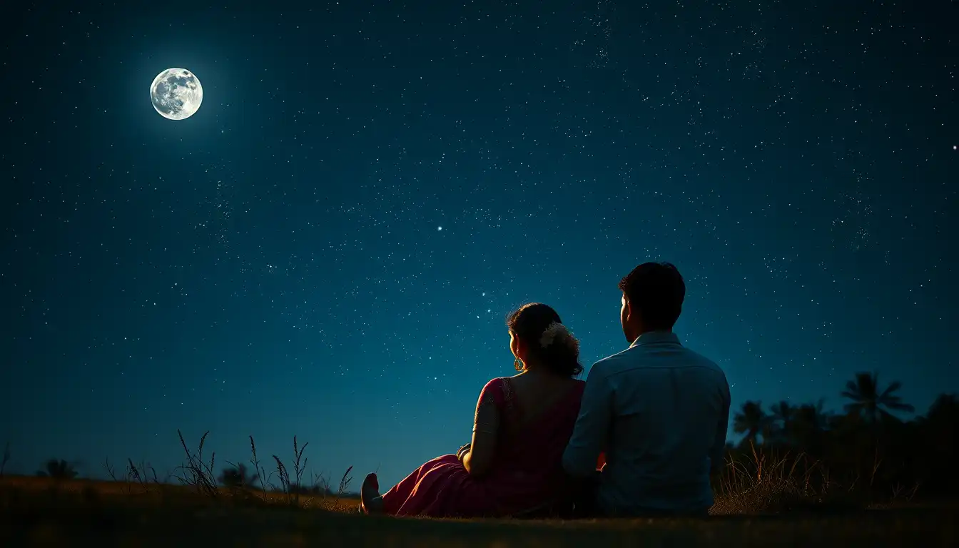 Romantic Tamil couple sitting together under a beautiful starry night sky, dreamy romantic atmosphere, soft moonlight, emotional love story, cinematic lighting, ultra realistic, high detail, vertical 9:16