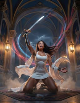 robomonster, a cyber‑punk samurai woman in a sleek white mini‑dress kneels in an opulent royal chamber, sufi trance mood with whirling motion, flowing robes, dust rising under lantern light, indigo, gold, and crimson rhythmic waves pulsing through the air, lantern glow illuminating her raised blade, low‑angle wide shot, whirling, lantern‑lit dust swirling around gilded arches, stormy shadows softened by ecstatic meditation.