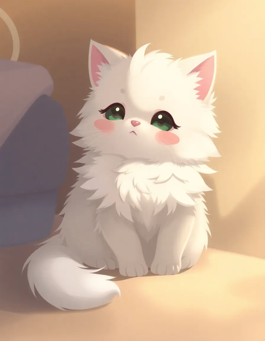 A fluffy house cat, sitting calmly. The art style is cute and charming, with a subtle fantasy element. 2D anime style, 2D TCG illustration, gentle and serene