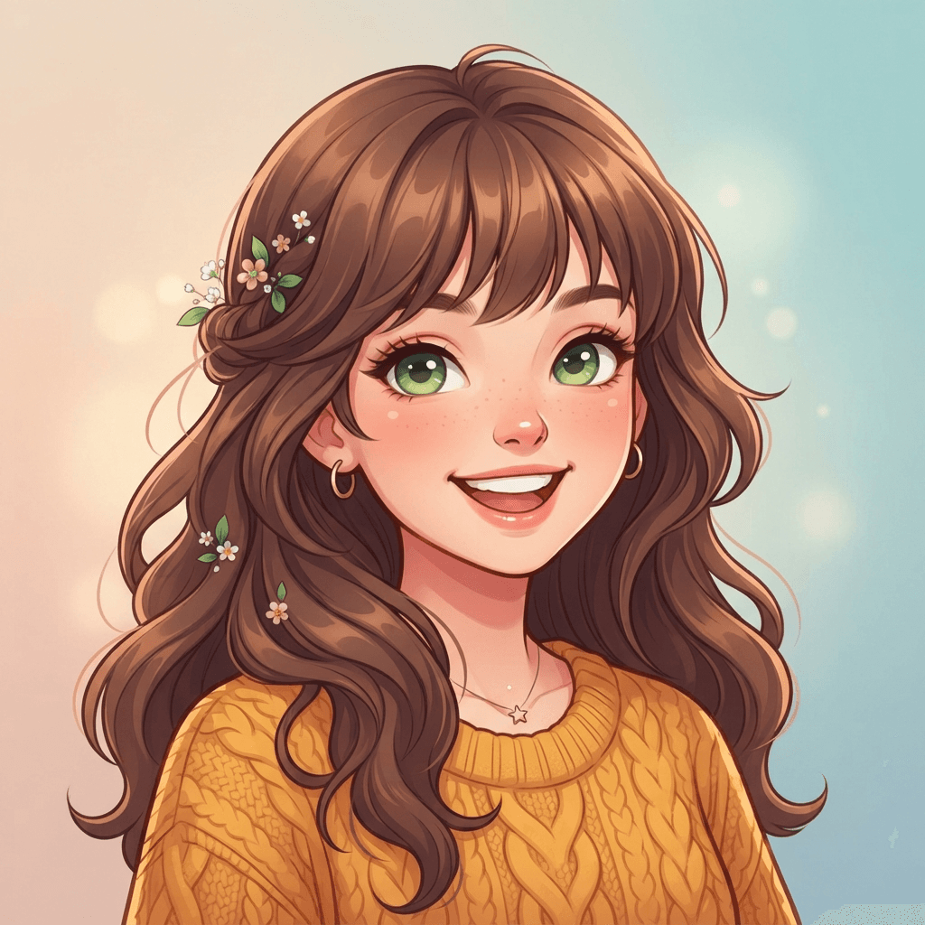 Close-up head and shoulders portrait avatar of a cheerful original cartoon girl with long wavy chestnut hair and bright green eyes, light freckles, cozy mustard yellow sweater, big friendly smile, anime-inspired style