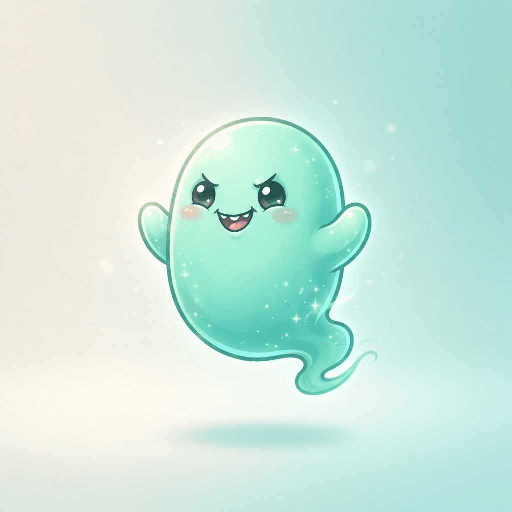 a small round mint green ghost creature character with tiny arms and a mischievous grin, floating, full body original character design, clean soft gradient studio background, vibrant, crisp high detail, digital illustration, no text, no words, no watermark