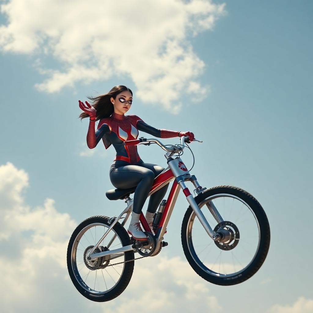 a white asian girl in spider man suite realistic girl and have two wheels instead of legs riding bike in sky and going t