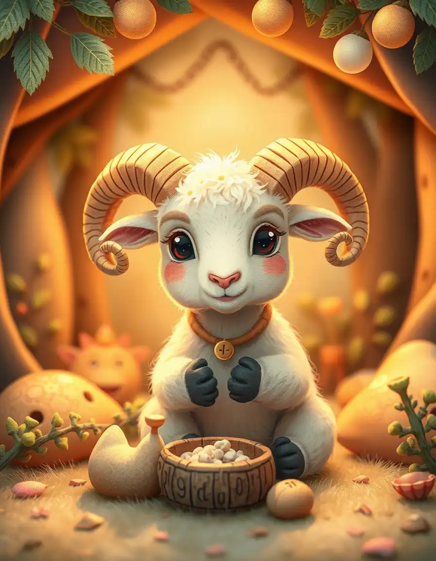 “Whimsical ram performing a cozy cottagecore activity, warm soft lighting, tiny handmade props, dreamy forest background, storybook illustration feel, pastel colors, extremely charming and expressive faces” --ar 4:5 --v 6.0 --style cute --chaos 12