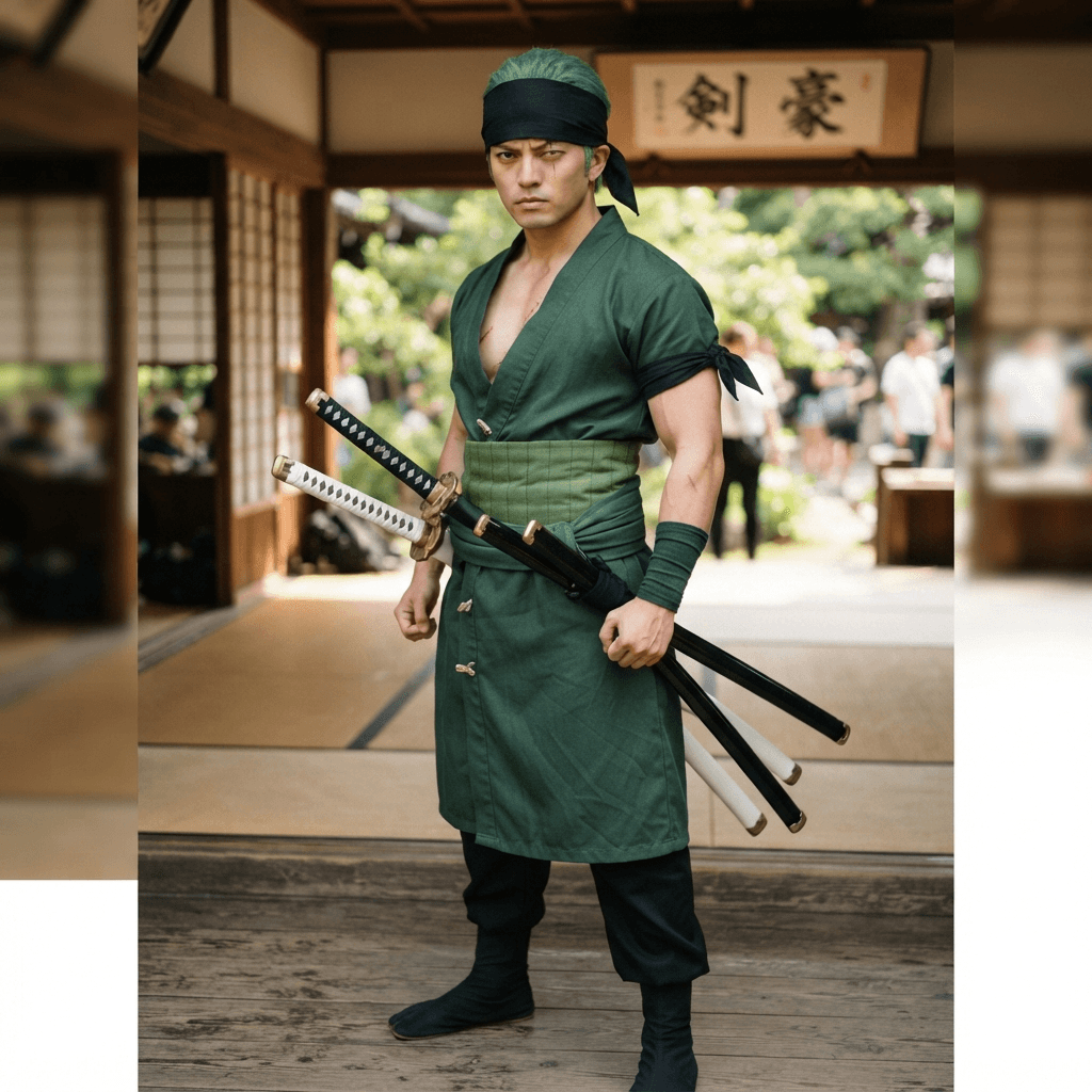 a green haired swordsman with a green haramaki, a black bandana and three katana, cosplay portrait, waist up, detailed costume