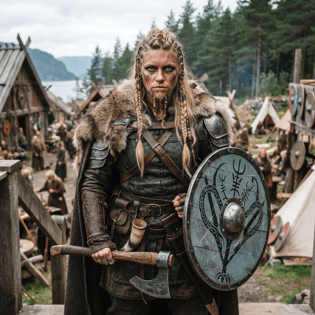 a norse warrior in fur and leather armor with braided hair, a round shield and an axe, cosplay portrait, waist up, detailed costume