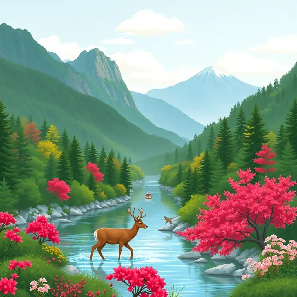 Summer scenery in Heilongjiang, China, with full colors and no blank space, flat drawing style, deer crossing the river in dense forests, red pine and pink mountain flowers, small boats on the water, volcanoes in the distance, and varied mountain colors such as light green, dark green, and slightly yellow