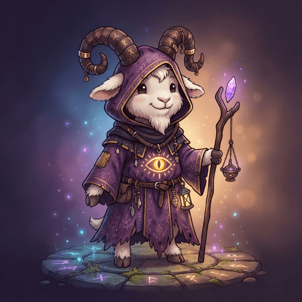 a cute cartoon goat cultist follower character with curved horns, purple robe, whimsical dark storybook indie game art style