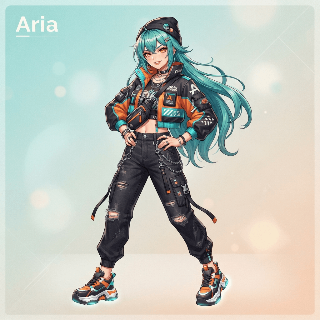 original anime character, confident girl with long teal hair and amber eyes, vibrant modern streetwear jacket, dynamic three-quarter pose, digital illustration