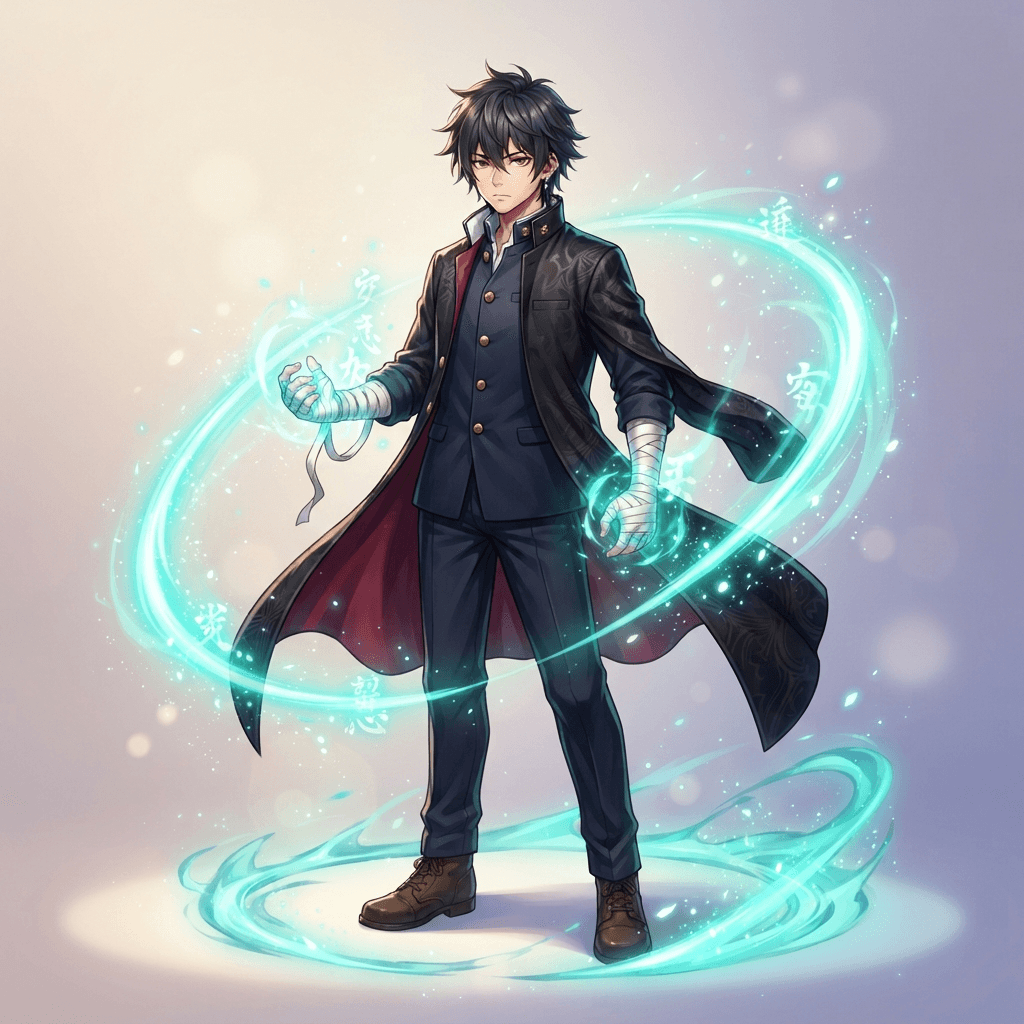 Anime illustration, full body, original young sorcerer boy in a dark navy school uniform with a long black coat, hands wrapped in cloth, bright teal cursed energy glowing in a ring around him, calm face, clean soft gradient studio background, vibrant colours, crisp lines