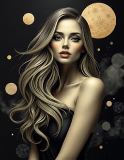 high‑glamour fashion illustration of a woman with long flowing hair, elegant acrylic with metallic gold leaf and glitter, matte black backdrop featuring abstract geometric gradients, 3‑d papercut shapes, chalkboard‑like texture and carbon‑fibre patterns, smoky fog swirling softly, cinematic lighting and high‑contrast monochrome shading, rendered in a soft pistachio green, warm chocolate brown and cream vintage dessert palette, soft pistachio green, chocolate brown, cream palette.