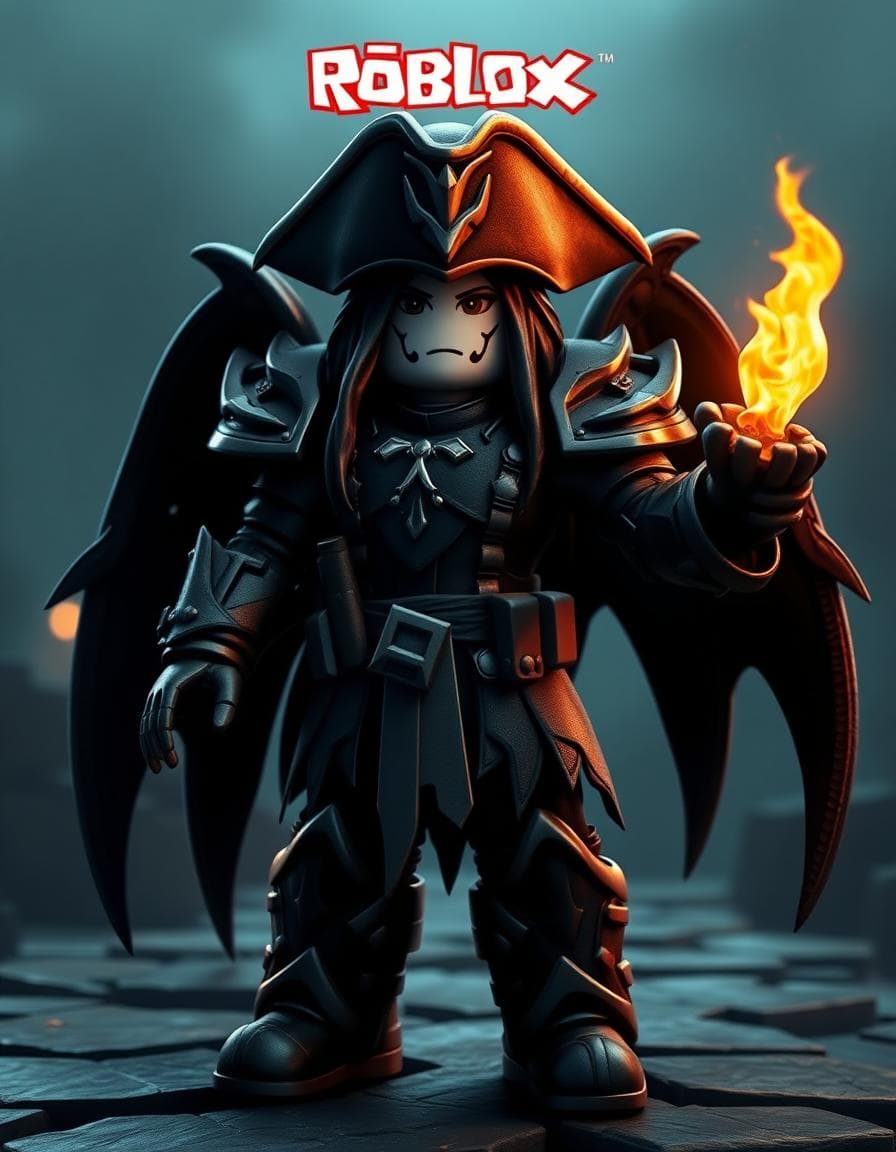 Generate a dark epic fantasy cover page Roblox game theme,the title text reading “Roblox” logo at the top of the image, create Pirate Girl outfit Roblox style, The setting takes place in the Roblox game, a high fantasy world resembling the time period of the late 1200s. the Roblox theme block, Keep in mind, Azorund’s entire body should be like an actual Roblox game, meaning he should be covered in Black and white, and Roblox logo on his chest and feet should resemble a hybrid of a Roblox Robot style.