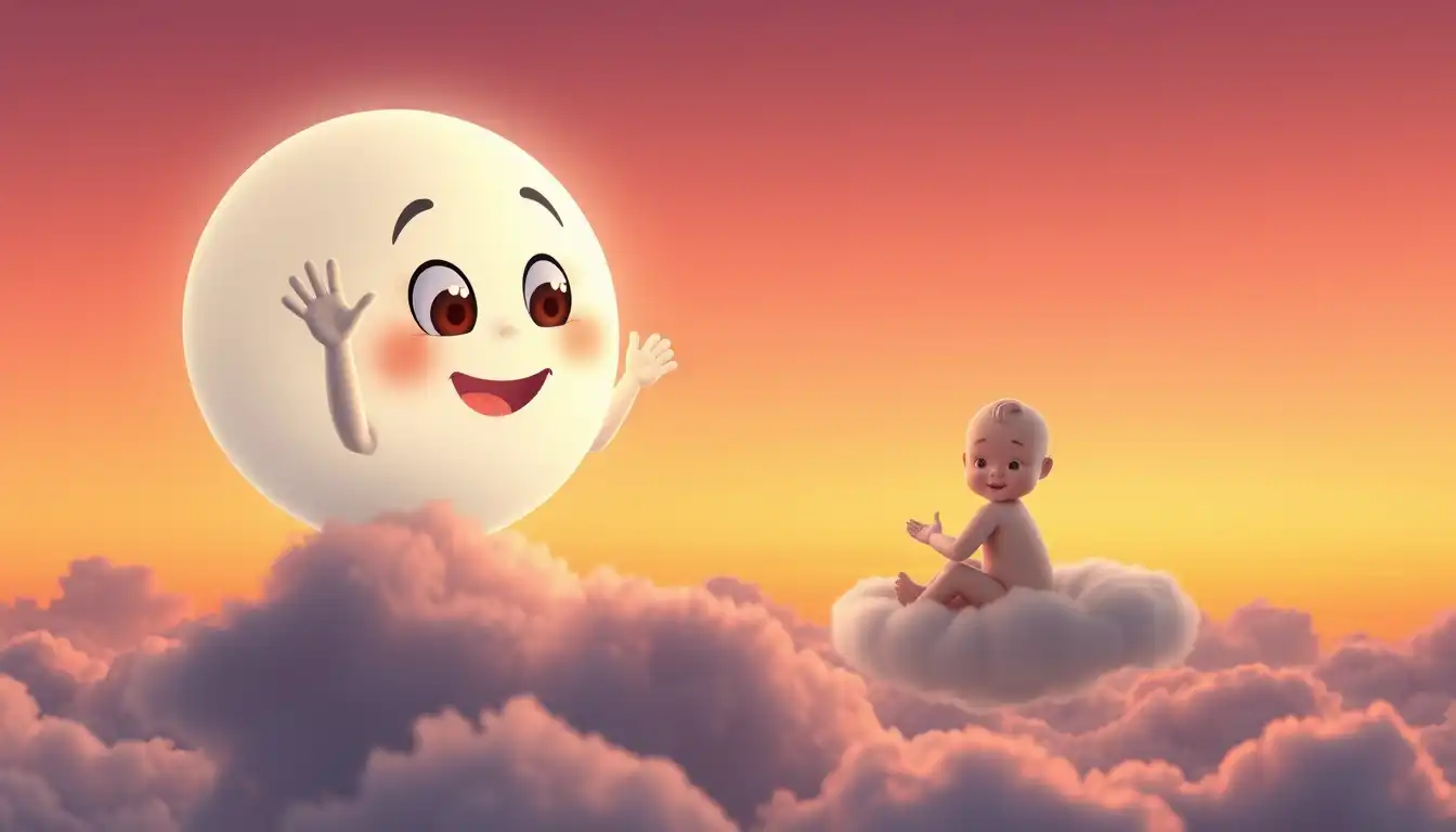 Sunset white cartoon moon (two hands waving, open eyes) rising and looking at baby siting on the cloude flying nearby on a cloud; baby looking back happily, orange-pink sky, warm 3D evening tone.
