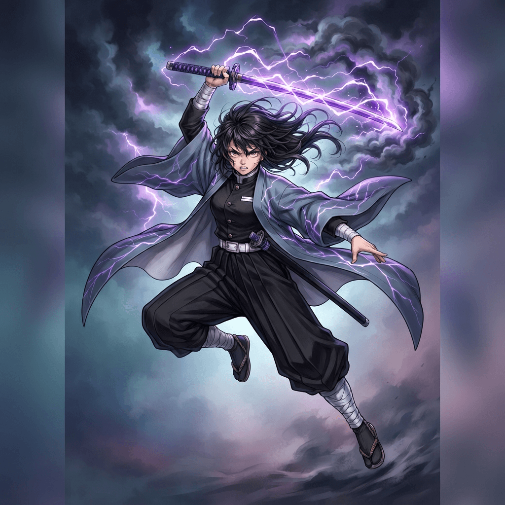 Anime illustration, original slayer mid-form, full body, black uniform, slate grey haori with violet lightning lines, katana with a violet blade raised overhead, dark hair whipping, grey storm clouds and violet bolts wrapping the blade, clean soft gradient studio background, vibrant, crisp