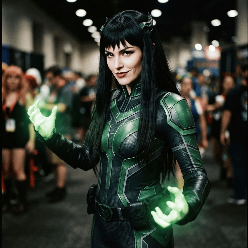 a villain in a green and black bodysuit with long straight black hair and glowing green hands, cosplay portrait, waist up, detailed costume