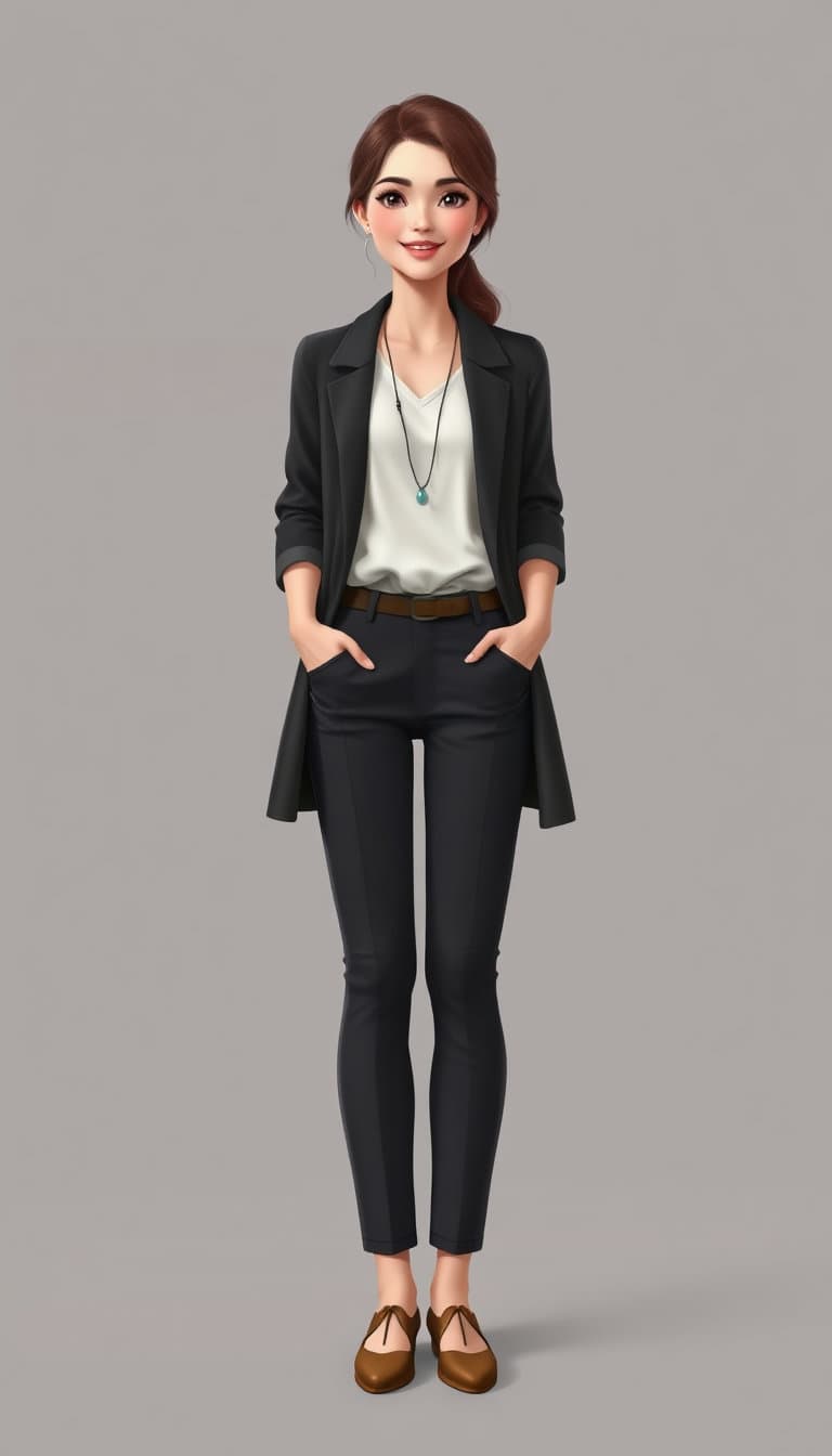 "Full body portrait of an original realistic young woman character named Irman, standing naturally, visible from head to toe, wearing a simple elegant casual outfit, natural hairstyle, friendly smile, realistic human appearance, soft expressions, not a cartoon, not a doll. Full body, complete character design, vertical 9:16