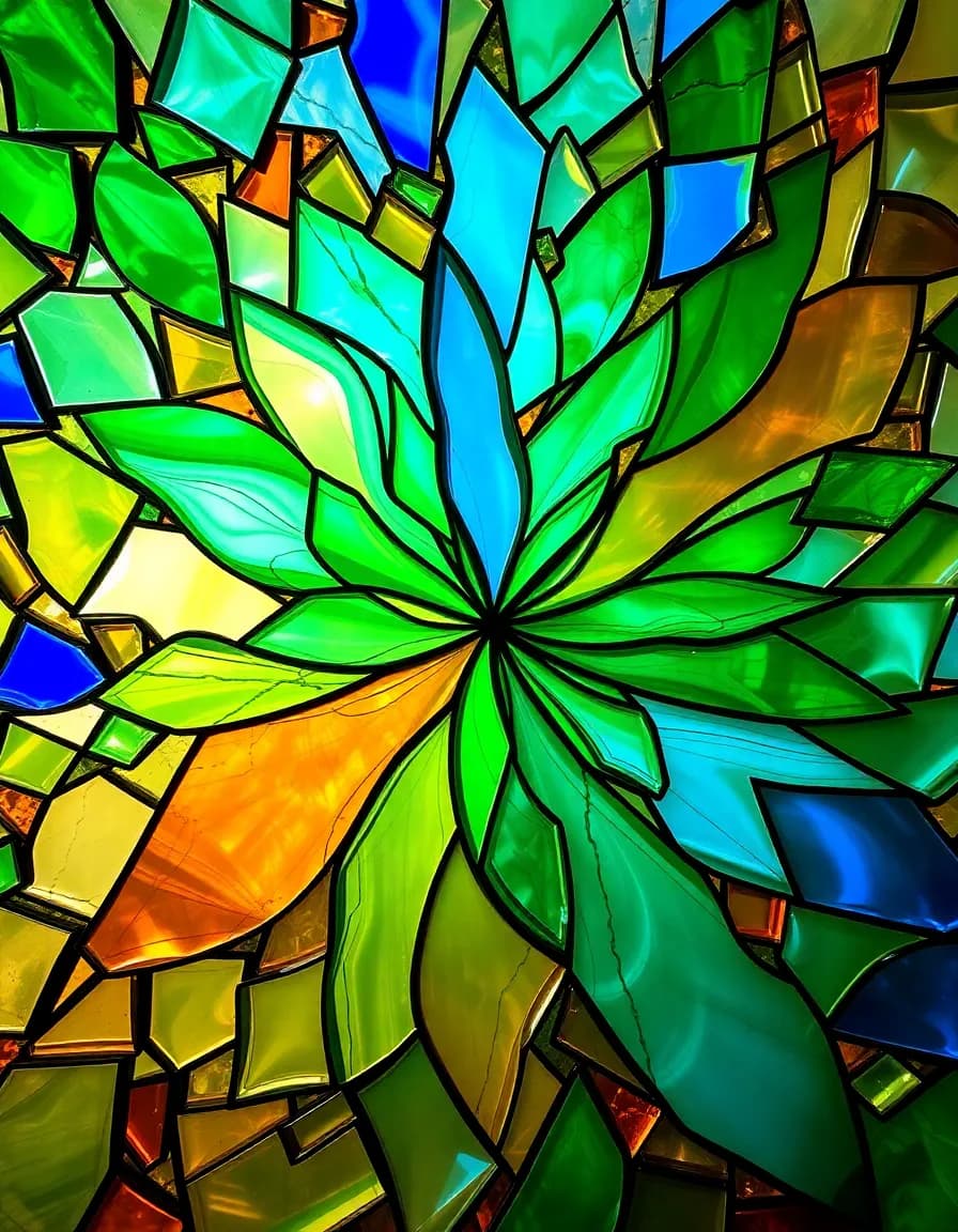 "generate an intricate stained glass artwork that weaves together swirling patterns of emerald green, cobalt blue, and amber hues, suspended within a kaleidoscope of translucent glass shards, as if a thousand tiny stained glass panels have merged into a single breathtaking, iridescent masterpiece."