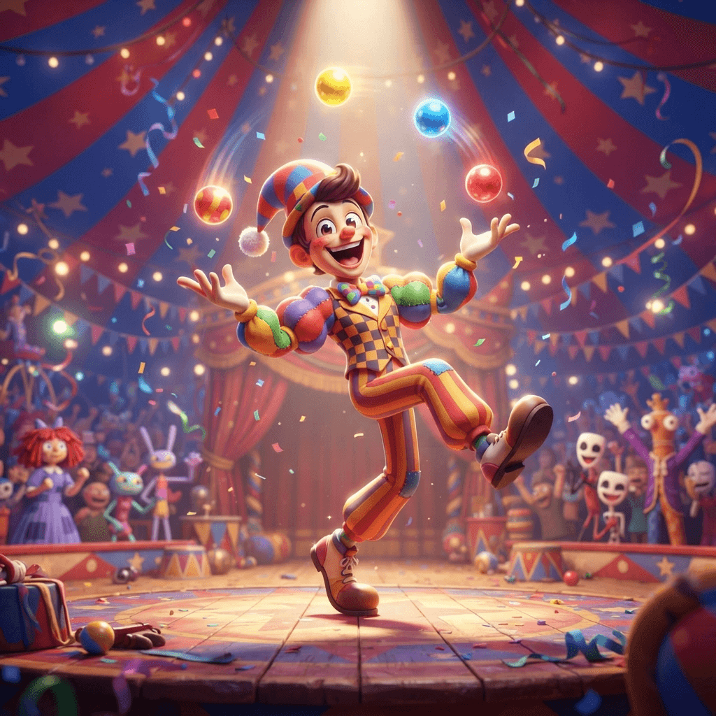Jonesy from The Amazing Digital Circus, quirky cheerful cartoon circus character, bright colorful design, dynamic playful action pose under the big top, glossy 3D circus style, polished expressive 3D animation, bright colorful Amazing Digital Circus environment, no text, no logo, no watermark