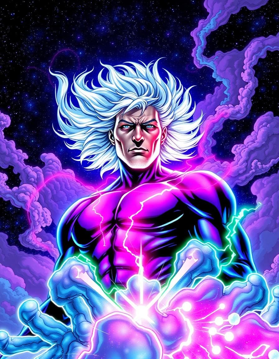 "magneto, the mutant x-men leader, with wild white hair, surrounded by swirling purple and blue clouds, amidst shimmering silver fractals, and radiating bright pink and green energy, against a vibrant, starry night sky, with bold, neon-lit outlines, and hypnotic, dreamlike effects."